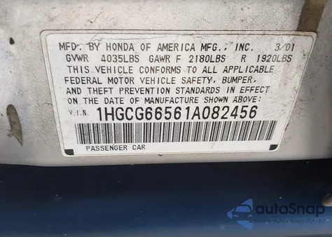 2001 Honda Accord 2.3 Lx из США, поврежденный, VIN 1HGCG66561A082456